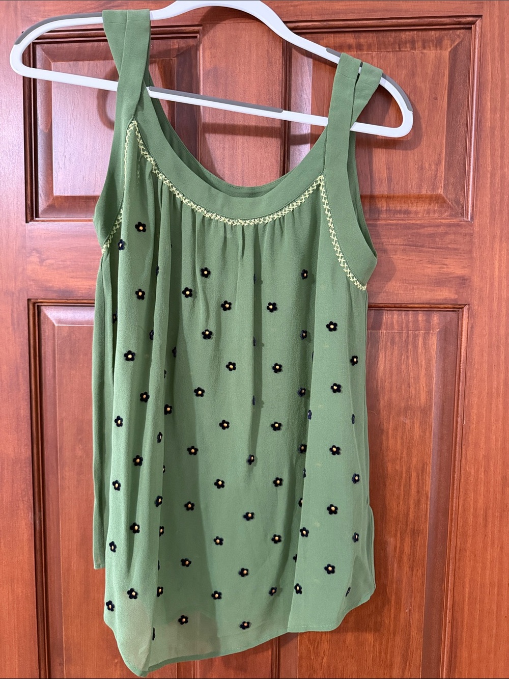 Anthropologie Olive Green Beaded Floral Sleeveless Blouse